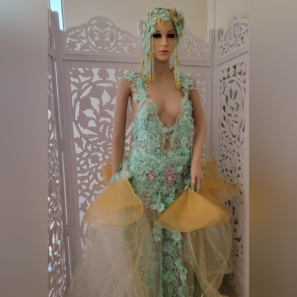"LADY STEPHANIE" 2 Piece Mint Green & Gold Gatsby Inspired Wedding Gown Set - Picture 7 of 12